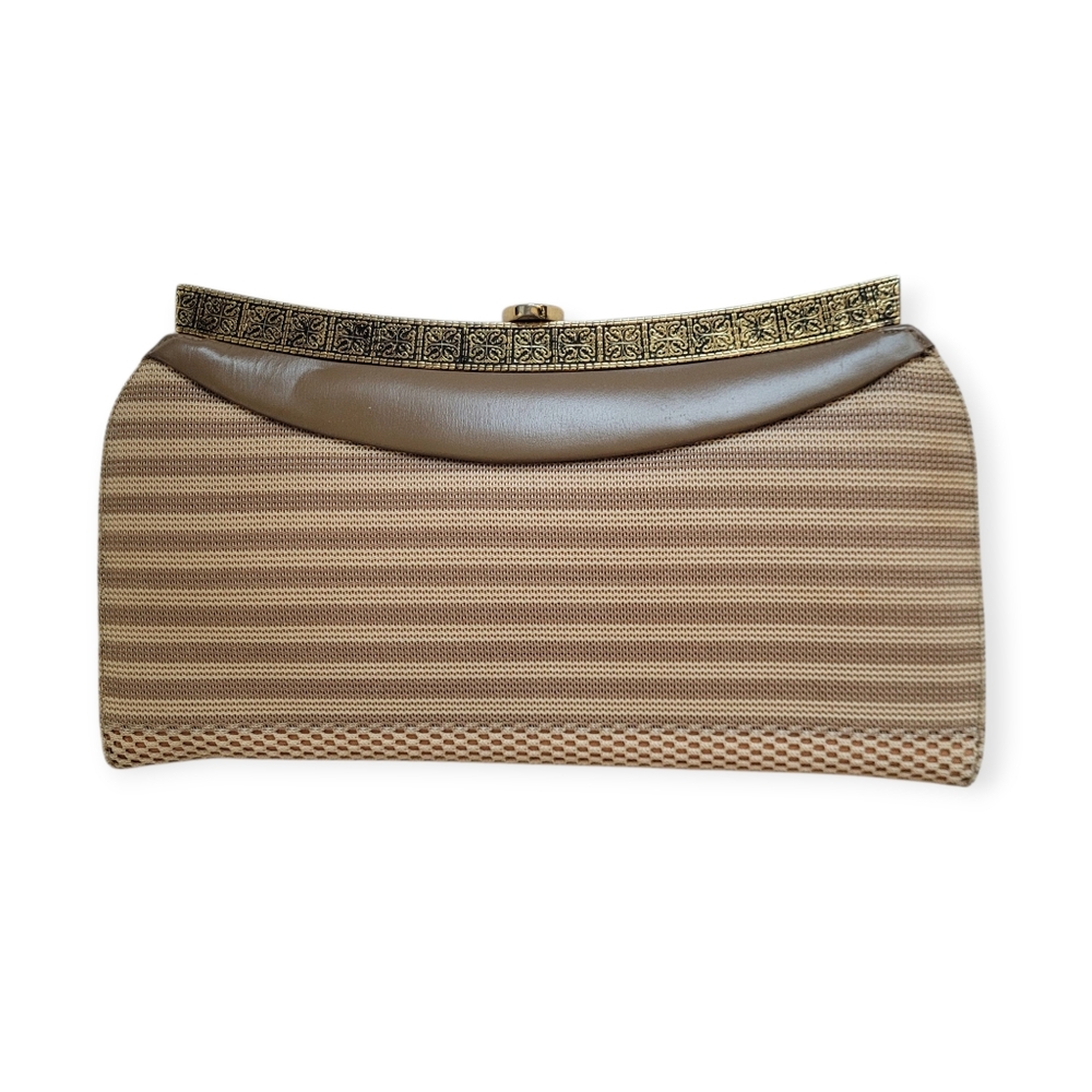 Vintage Hollywood Regency Style Clutch Purse In Tan With Gold